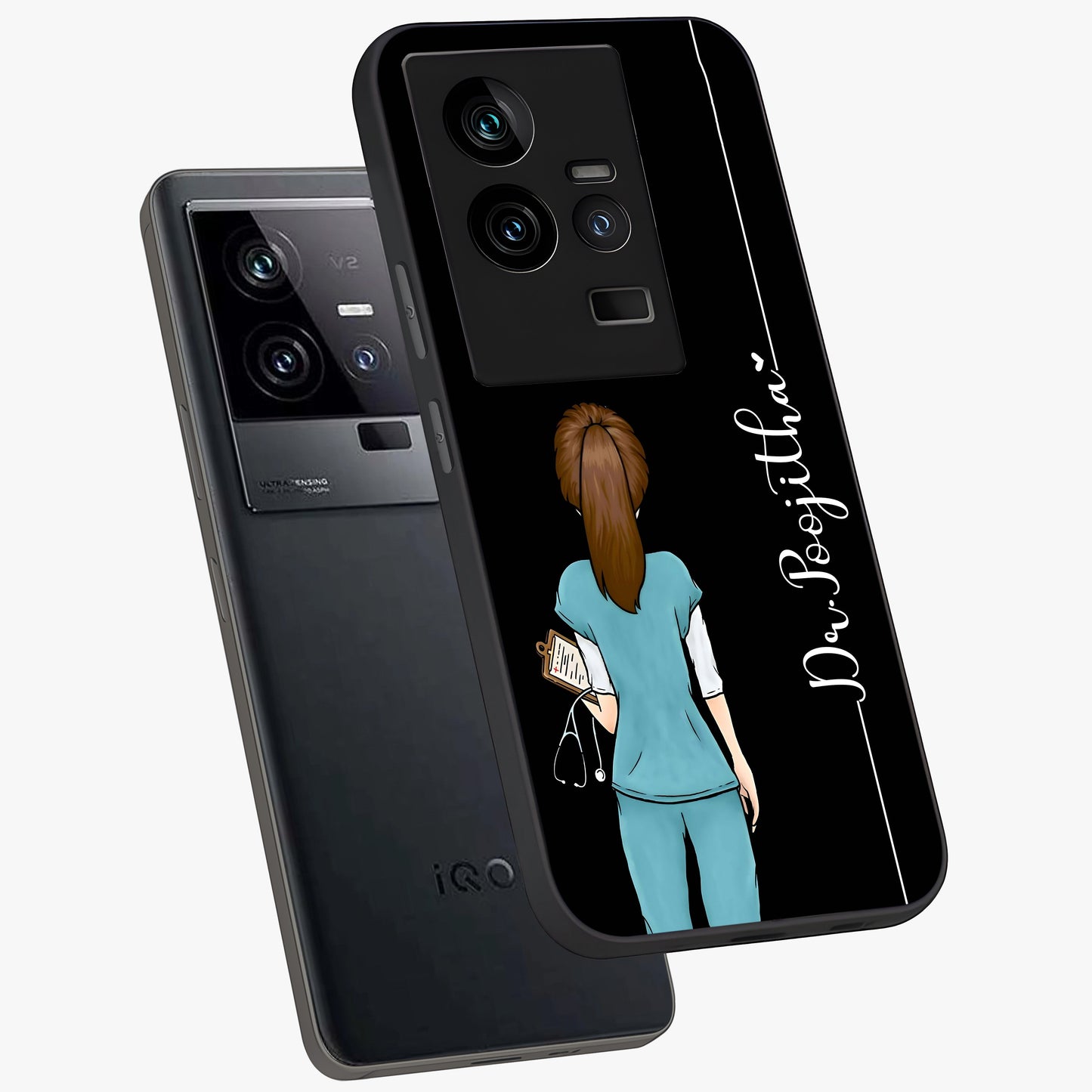 Doctor Pattern Custom Name Glass Case displayed in angled mockup highlighting doctor inspired artwork with custom name feature.