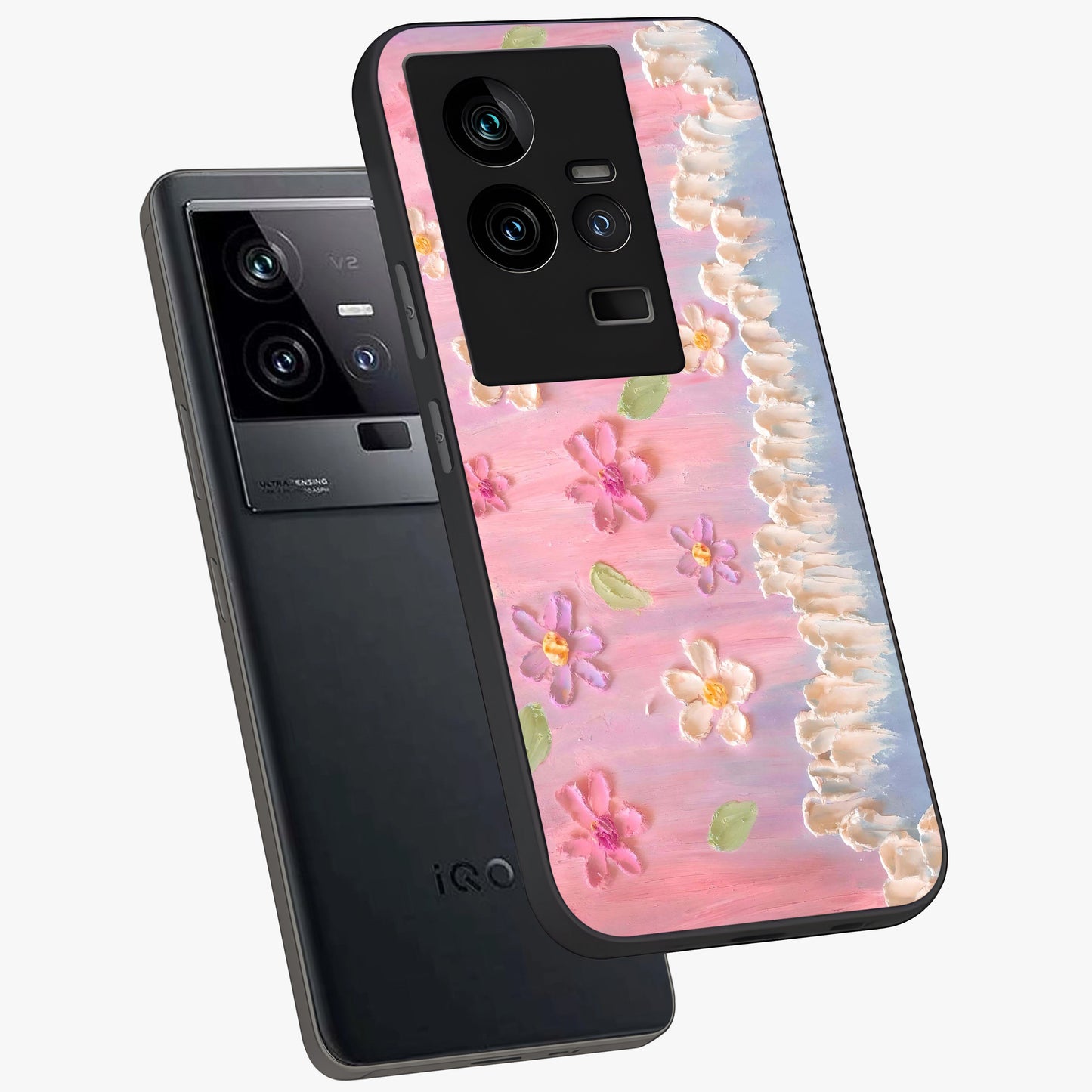 Dreamy Painted Garden Glass Case displayed in angled mockup highlighting colorful garden illustration with dreamy aesthetic style.