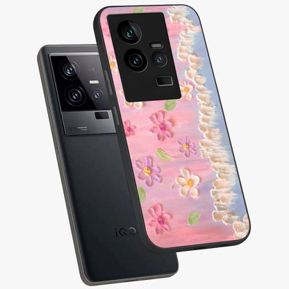 Dreamy Painted Garden Glass Case displayed in angled mockup highlighting colorful garden illustration with dreamy aesthetic style.