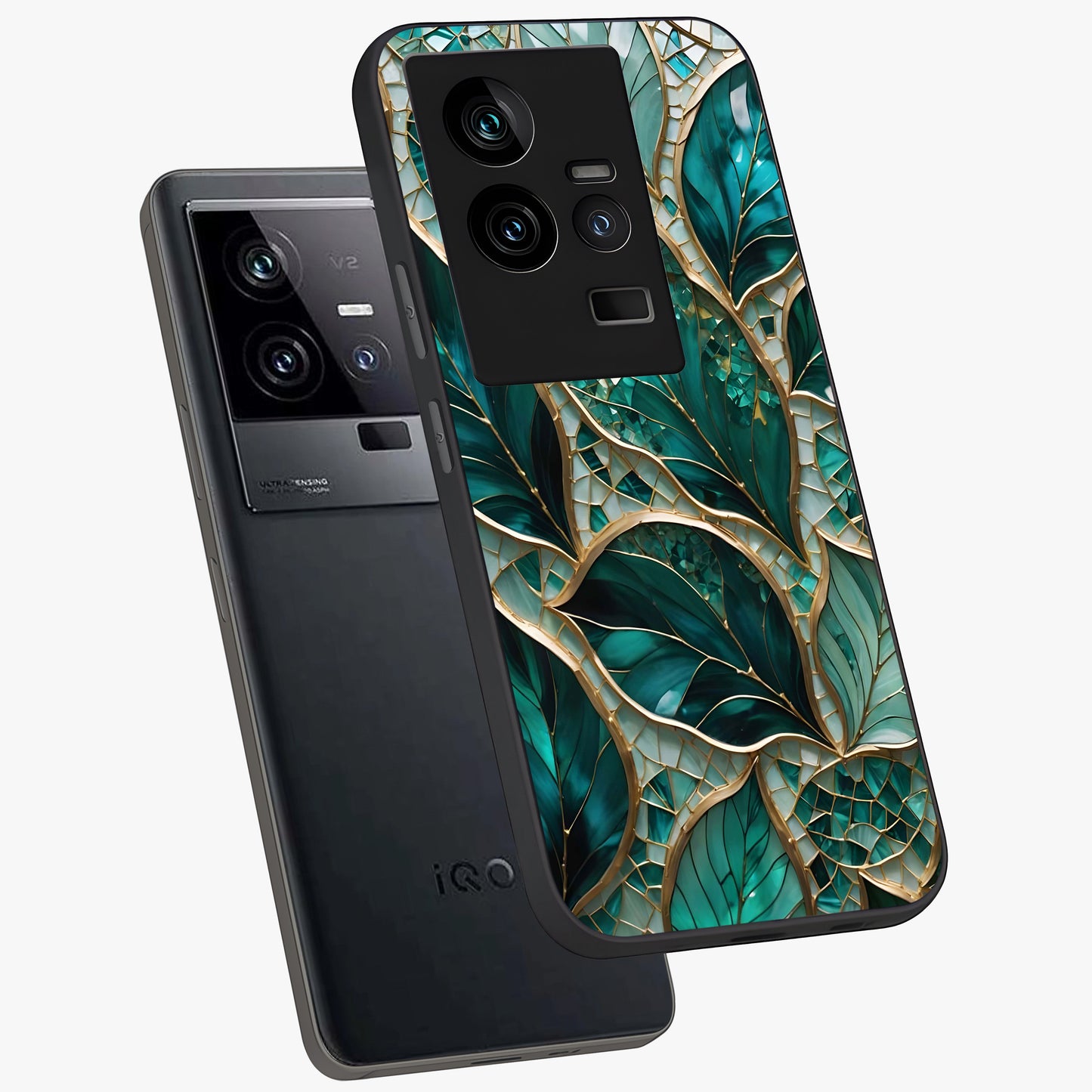 Emerald Leaf Glass Glass Case displayed in angled mockup highlighting botanical leaf illustration with elegant natural aesthetic.