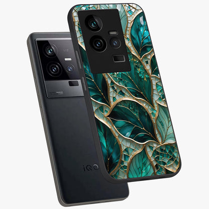 Emerald Leaf Glass Glass Case displayed in angled mockup highlighting botanical leaf illustration with elegant natural aesthetic.