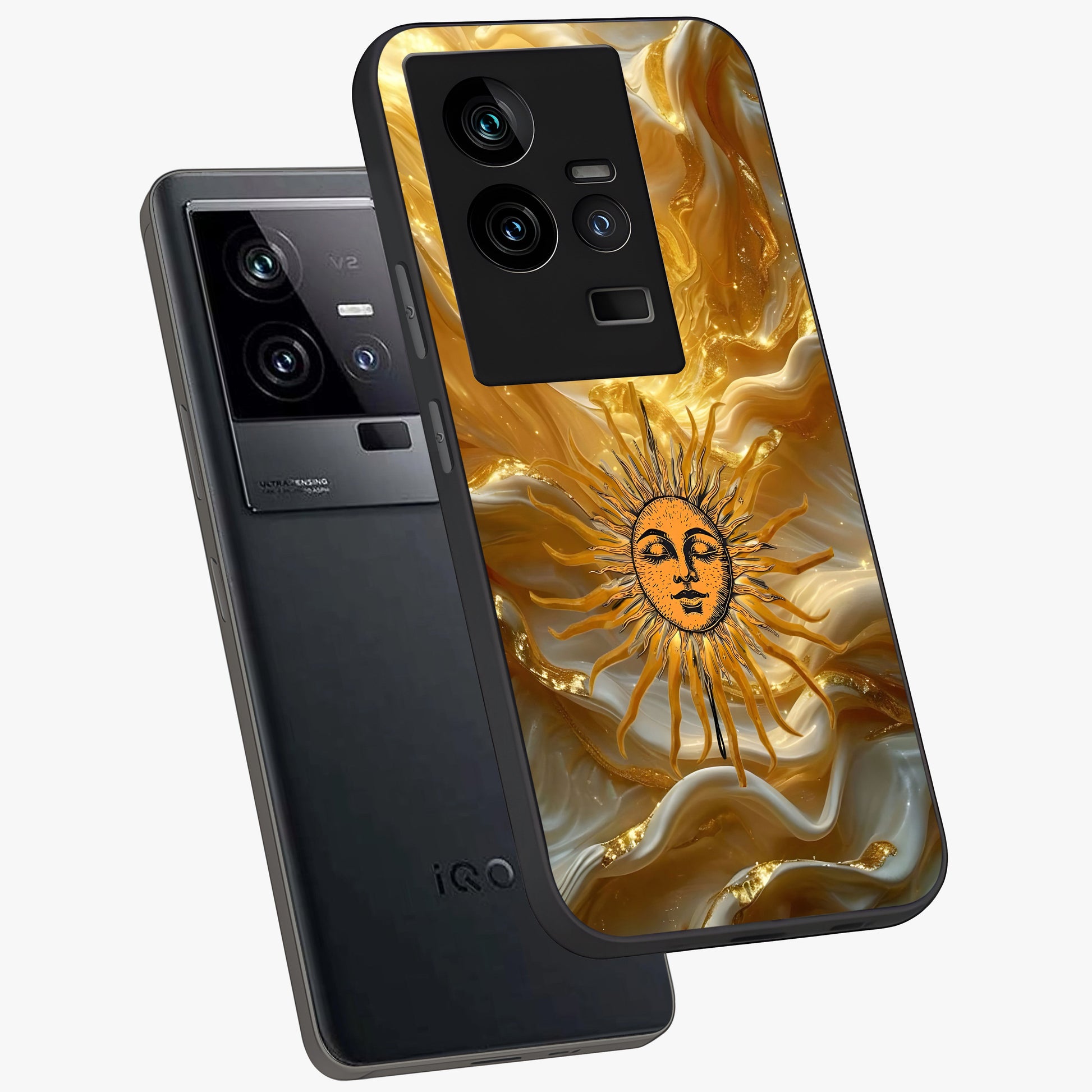 Eternal Golden Glow Glass Case displayed in angled mockup highlighting glowing golden aesthetic design with elegant style.