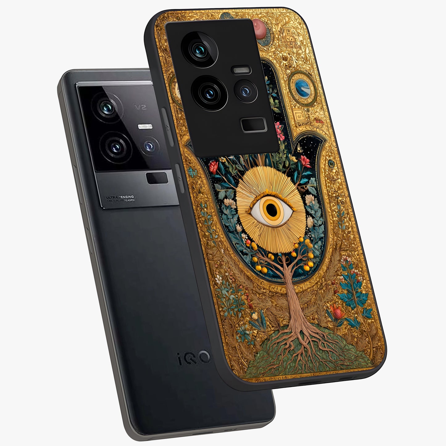 Ethereal Evil Eye Glass Case displayed in angled mockup highlighting protective evil eye symbol with spiritual aesthetic design.