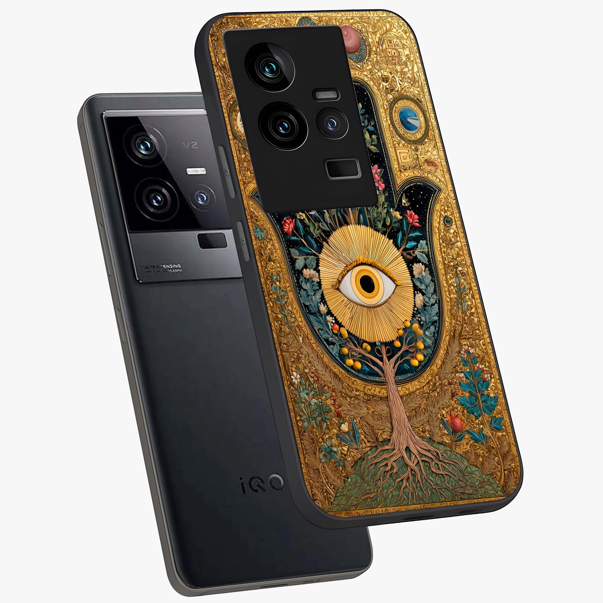 Ethereal Evil Eye Glass Case displayed in angled mockup highlighting protective evil eye symbol with spiritual aesthetic design.