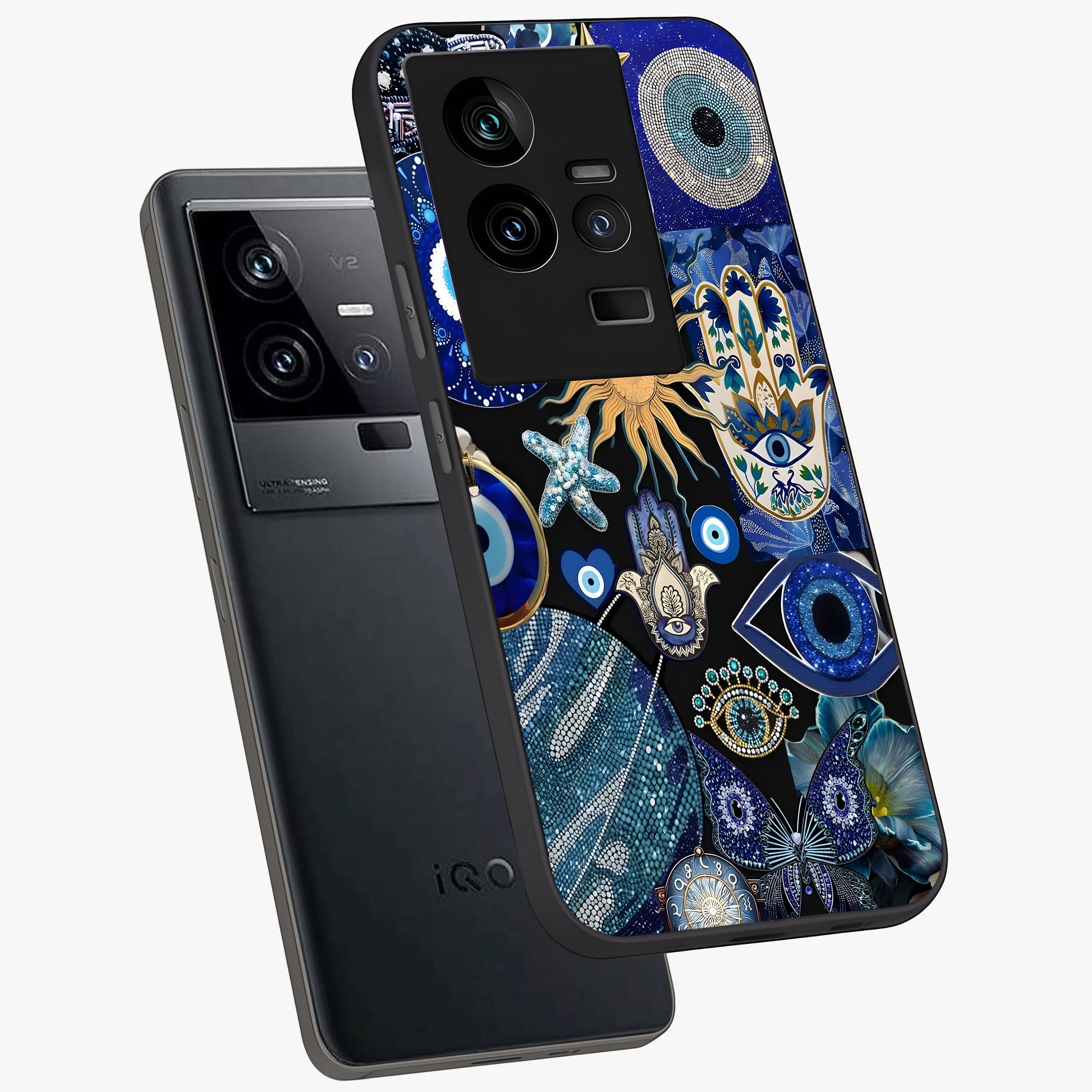 Evil Eye Charm Mix Glass Case displayed in angled mockup highlighting protective evil eye symbols with spiritual aesthetic design.