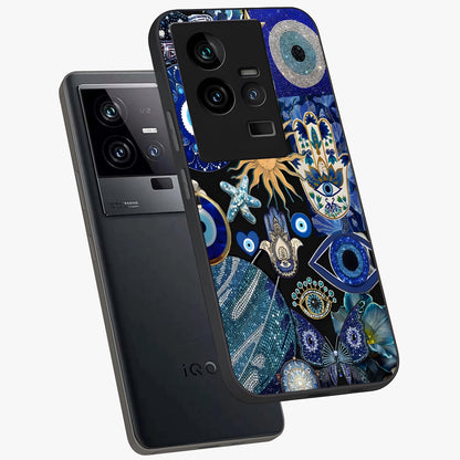 Evil Eye Charm Mix Glass Case displayed in angled mockup highlighting protective evil eye symbols with spiritual aesthetic design.