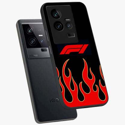 Fire F11 Glass Case displayed in angled mockup highlighting bold fire inspired graphic with energetic aesthetic style.