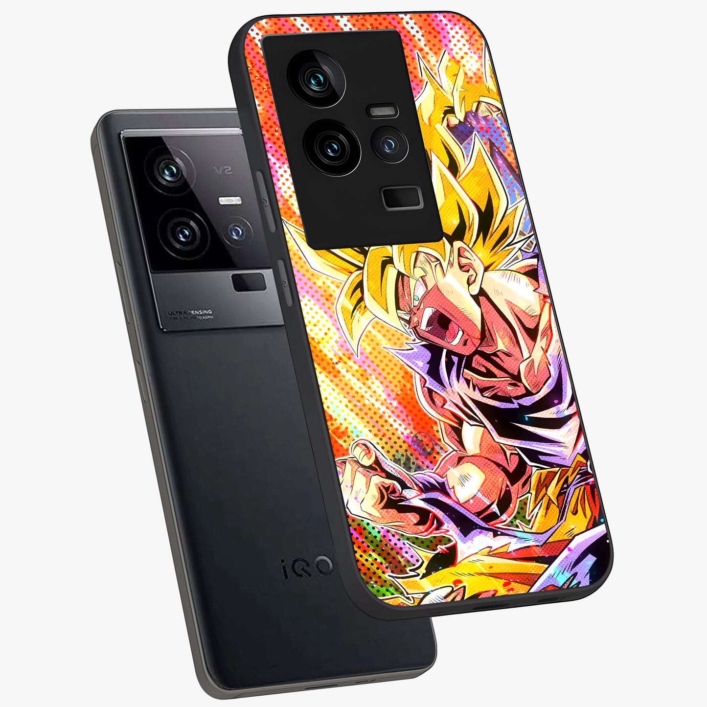 Firing Goku Glass Case displayed in angled mockup highlighting dynamic anime character design with action aesthetic.