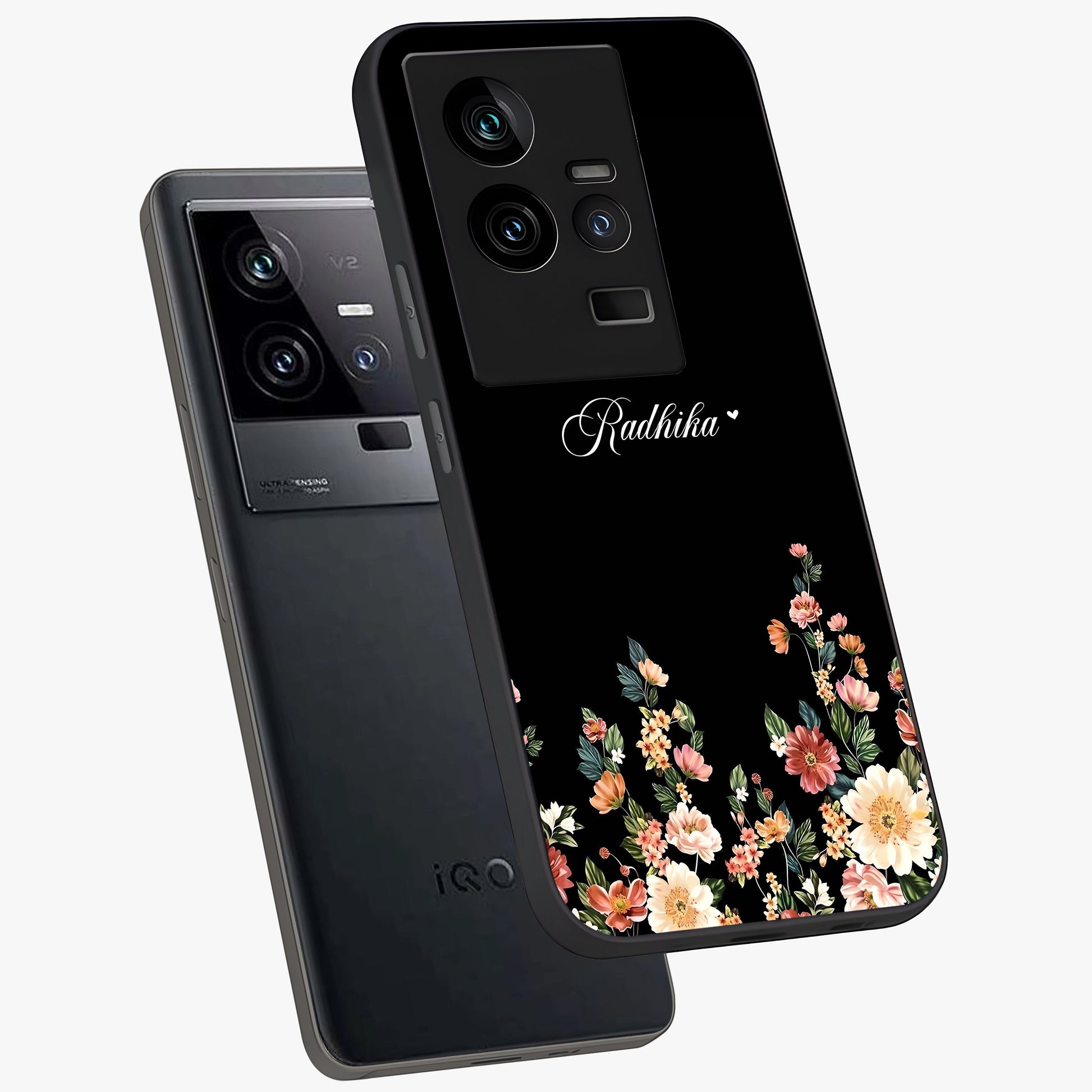 Floral Design With a Custom Personalized Name Glass Case displayed in angled mockup highlighting elegant floral pattern with custom name feature.