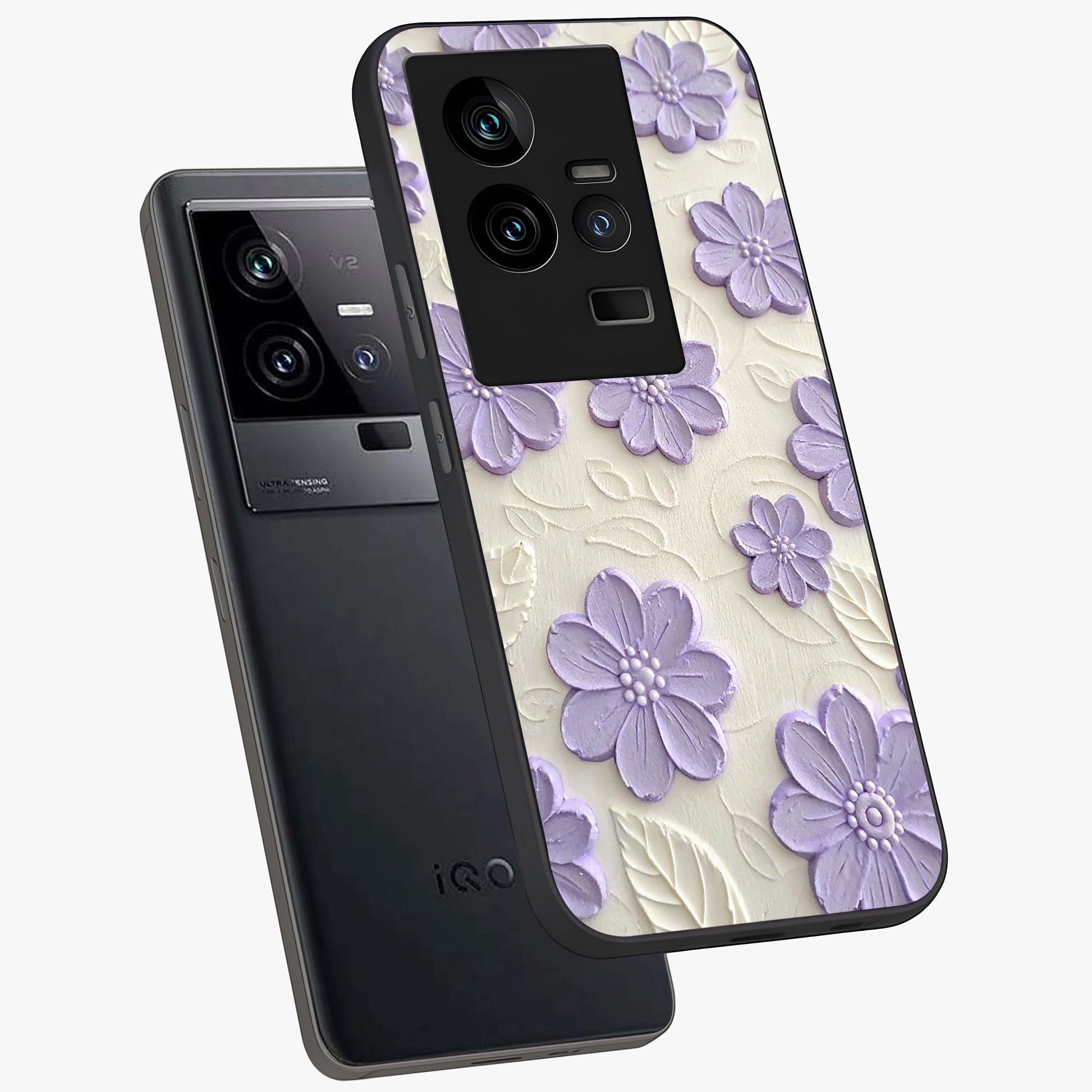 Floral Wall Art With Purple Flowers Glass Case displayed in angled mockup highlighting vibrant purple floral illustration with artistic aesthetic.