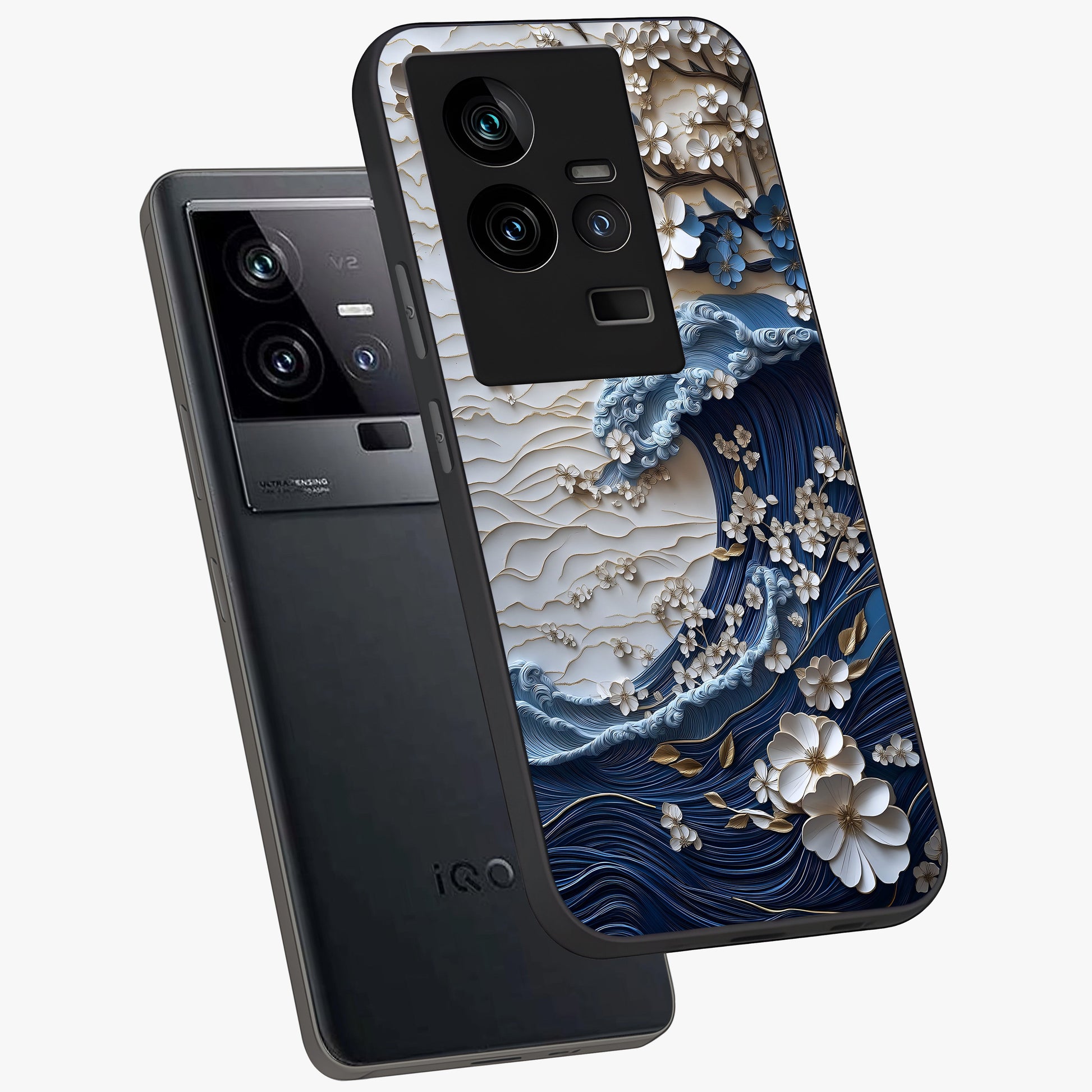 Floral Wave Origami Glass Case displayed in angled mockup highlighting geometric origami flower design with modern aesthetic style.