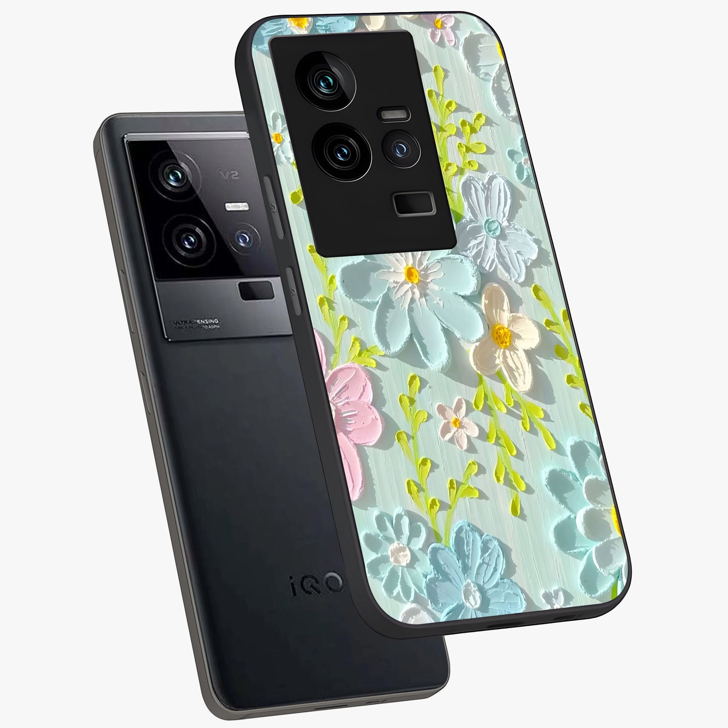 Frosted Petal Garden Glass Case displayed in angled mockup highlighting delicate flower petal design with calm garden aesthetic.