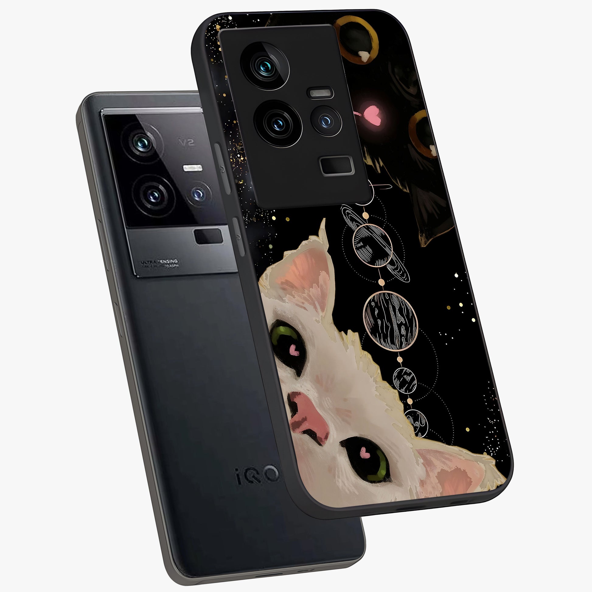Galactic Cat Glass Case displayed in angled mockup highlighting celestial feline illustration with galaxy aesthetic style.