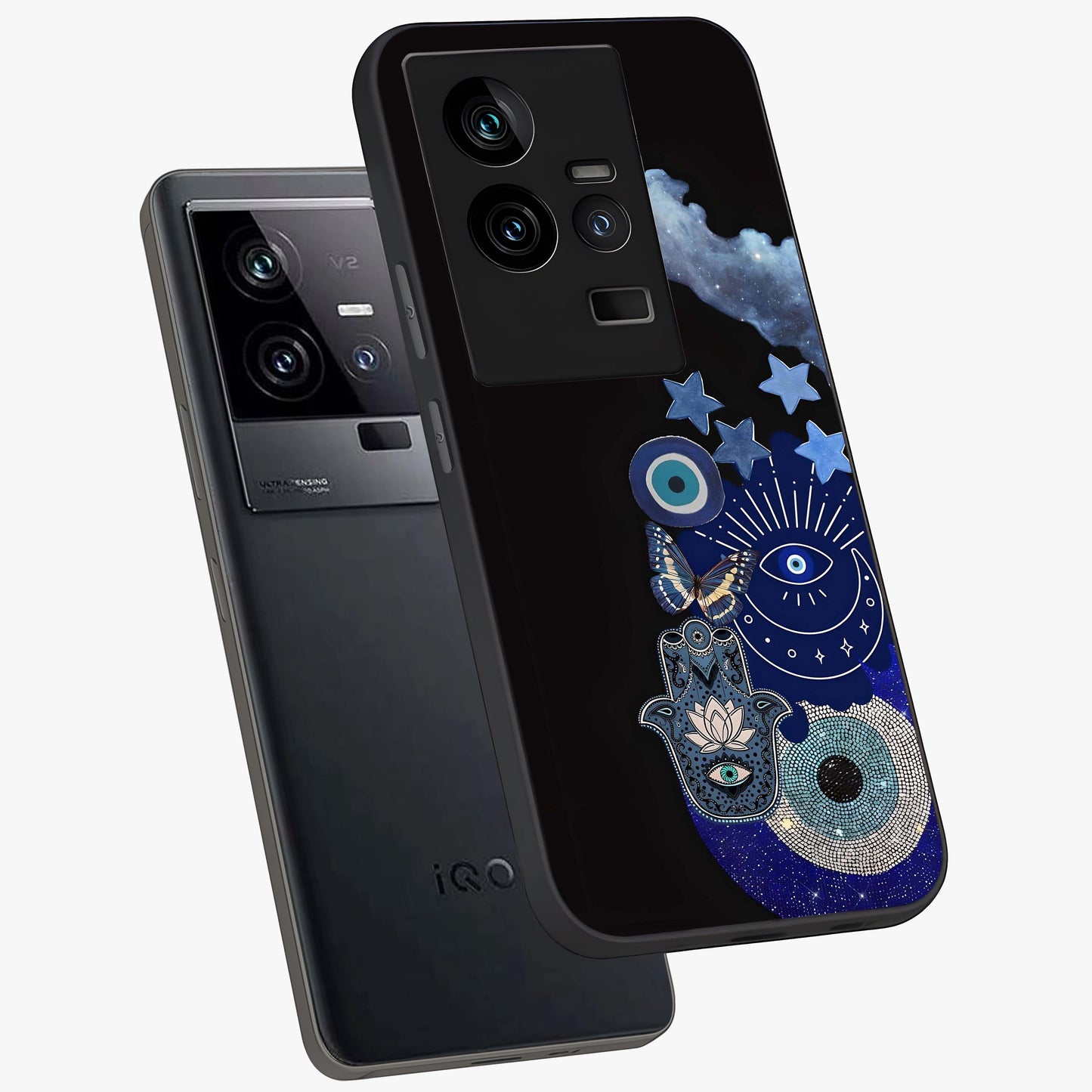 Galactic Charm Cluster Glass Case displayed in angled mockup highlighting luminous galaxy inspired design with dreamy aesthetic.