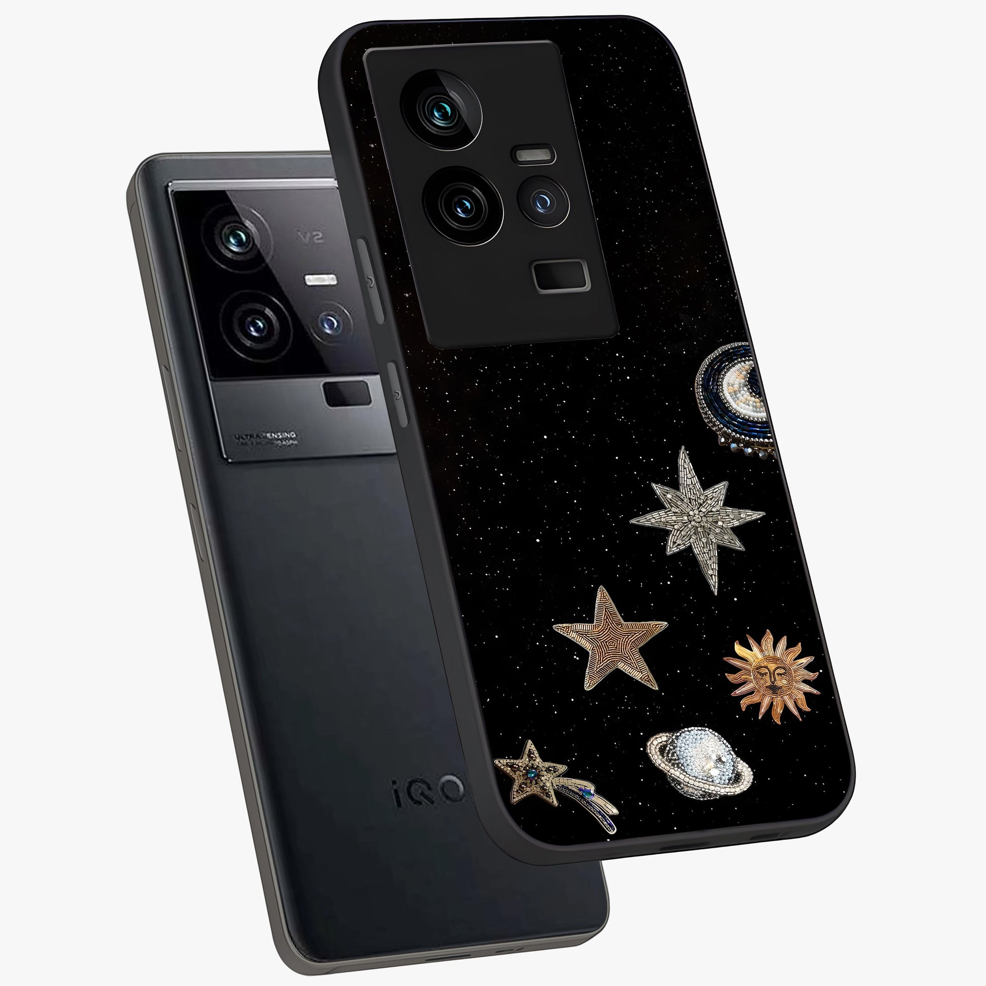 Galactic Charm Glow Glass Case displayed in angled mockup highlighting luminous galaxy inspired design with dreamy aesthetic.