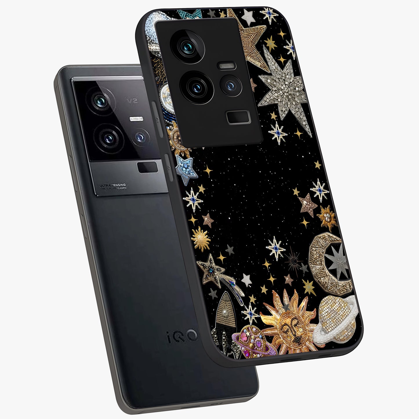 Galactic Jewel Stars Glass Case displayed in angled mockup highlighting shining celestial star design with cosmic aesthetic style.