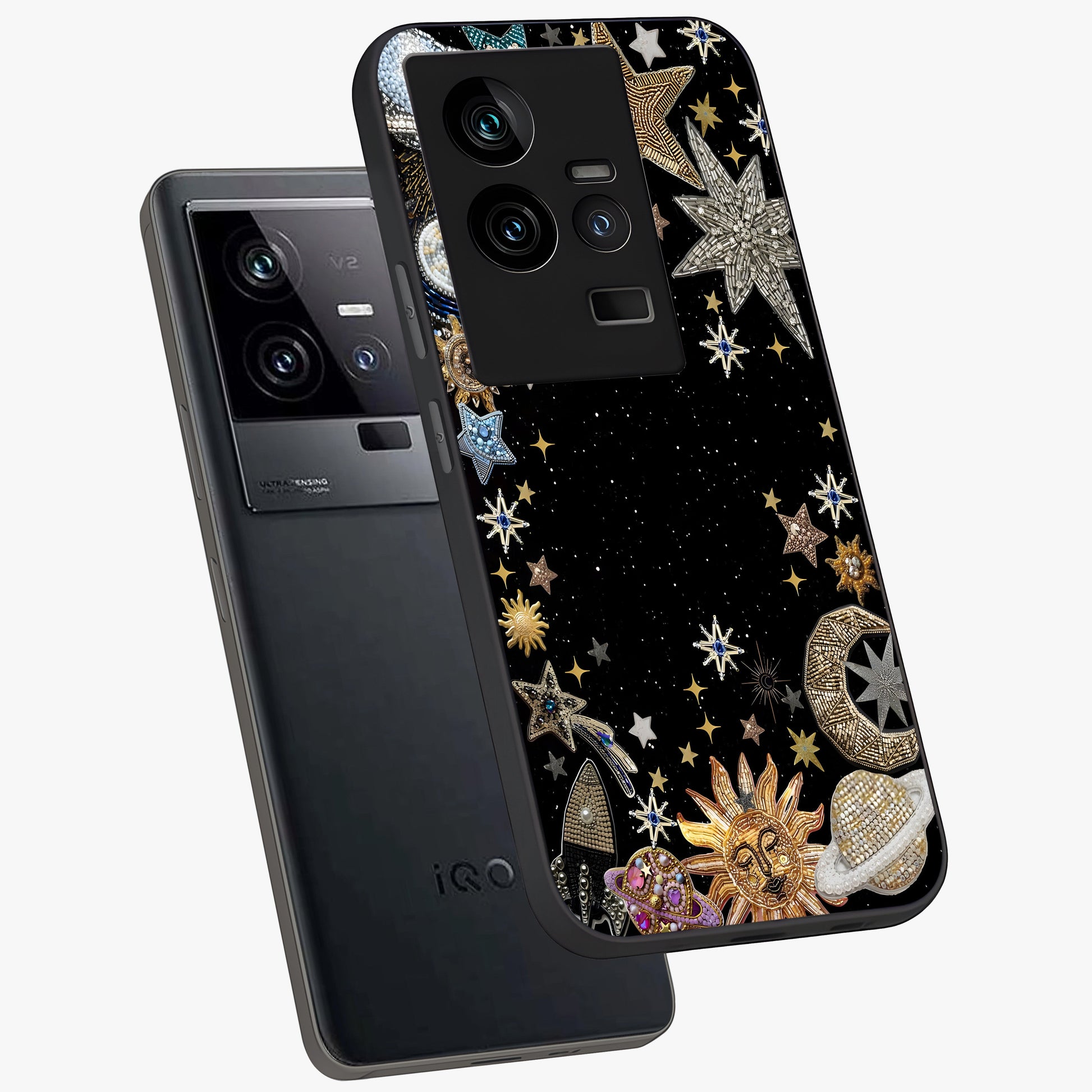 Galactic Jewel Stars Glass Case displayed in angled mockup highlighting shining celestial star design with cosmic aesthetic style.