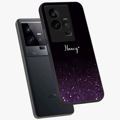 Glittery Purple Bokeh Custom Name Glass Case displayed in angled mockup highlighting glitter bokeh pattern with custom name feature.