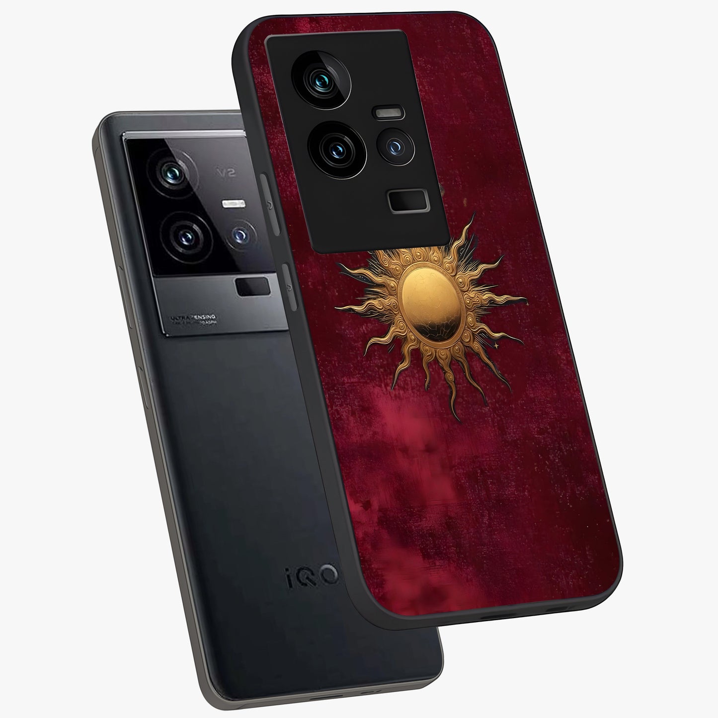 Golden Sun Minimalism Glass Case displayed in angled mockup highlighting clean sun symbol design with modern minimal aesthetic.
