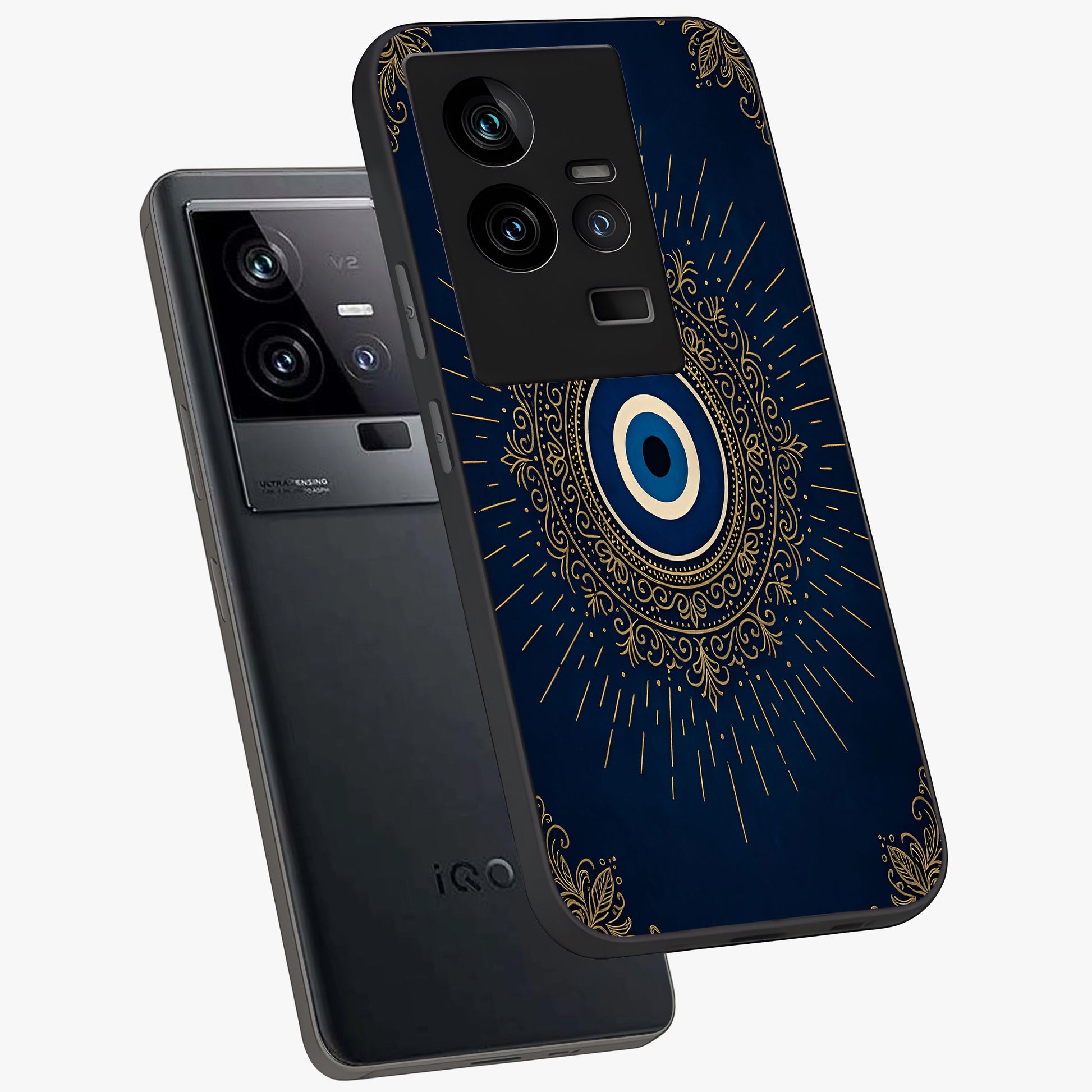 Golden Celestial Charm Glass Case displayed in angled mockup highlighting sparkling cosmic charm design with celestial aesthetic.