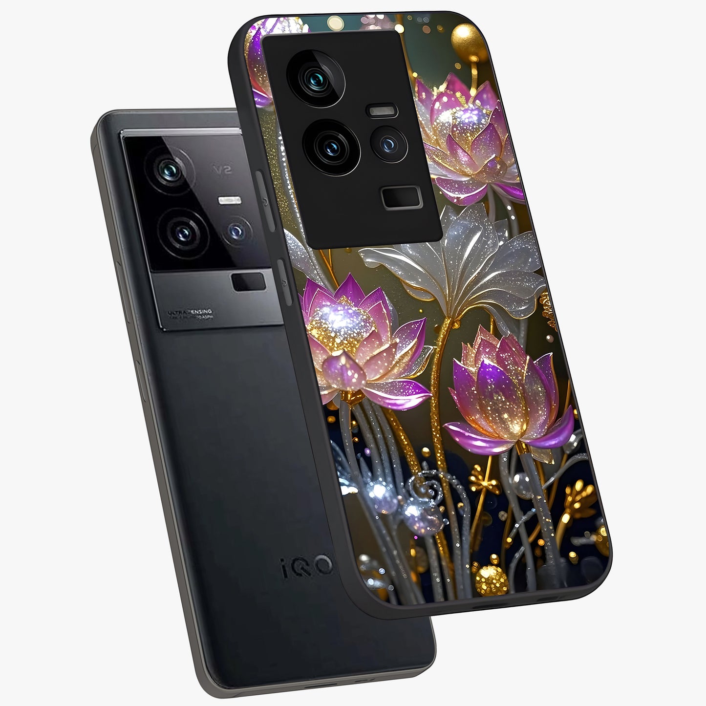 Golden Floral Majesty Glass Case displayed in angled mockup highlighting elegant flower design with royal golden aesthetic.