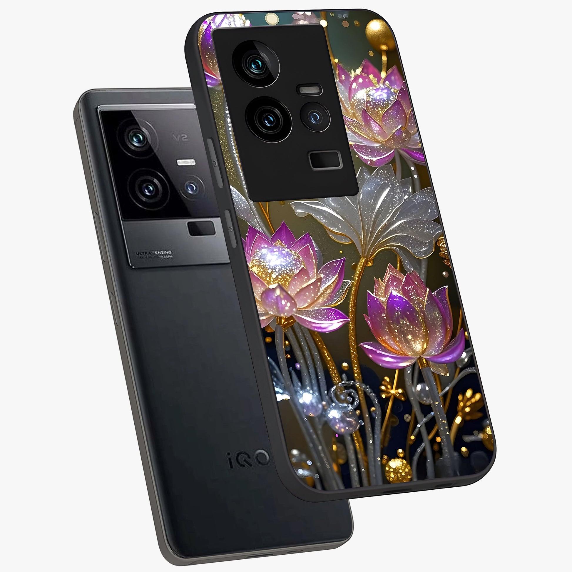 Golden Floral Majesty Glass Case displayed in angled mockup highlighting elegant flower design with royal golden aesthetic.
