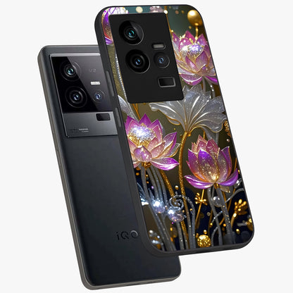 Golden Floral Majesty Glass Case displayed in angled mockup highlighting elegant flower design with royal golden aesthetic.
