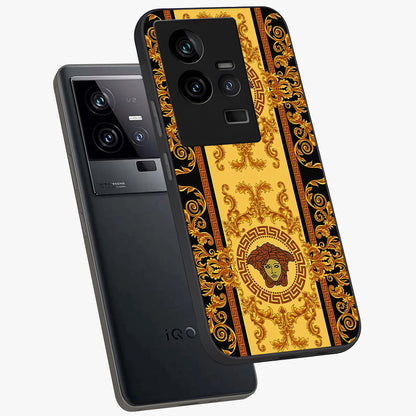 Golden Lotus Glow Glass Case displayed in angled mockup highlighting radiant lotus illustration with spiritual aesthetic.