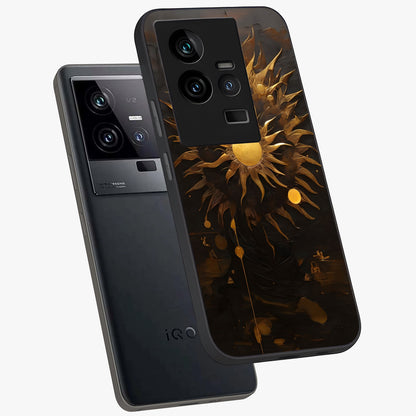 Golden Sun Majesty Glass Case displayed in angled mockup highlighting eerie shadow illustration with gothic aesthetic.