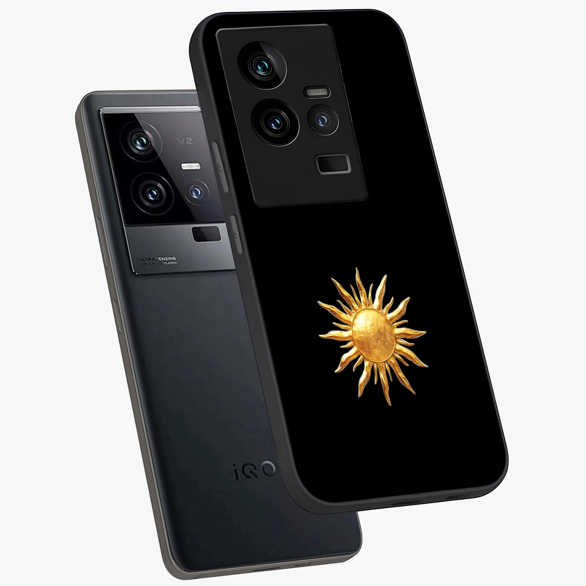 Golden Sun Minimalism Glass Case displayed in angled mockup highlighting eerie shadow illustration with gothic aesthetic.
