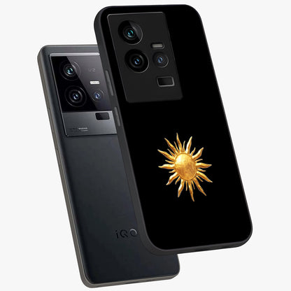 Golden Sun Minimalism Glass Case displayed in angled mockup highlighting eerie shadow illustration with gothic aesthetic.