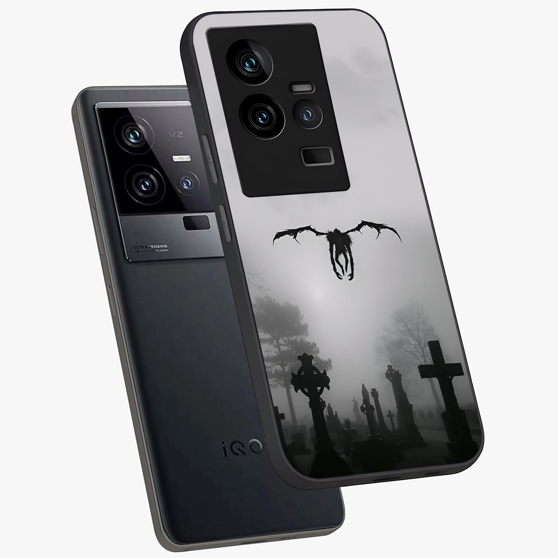 Graveyard Shadow Descent Glass Case displayed in angled mockup highlighting eerie shadow illustration with gothic aesthetic.