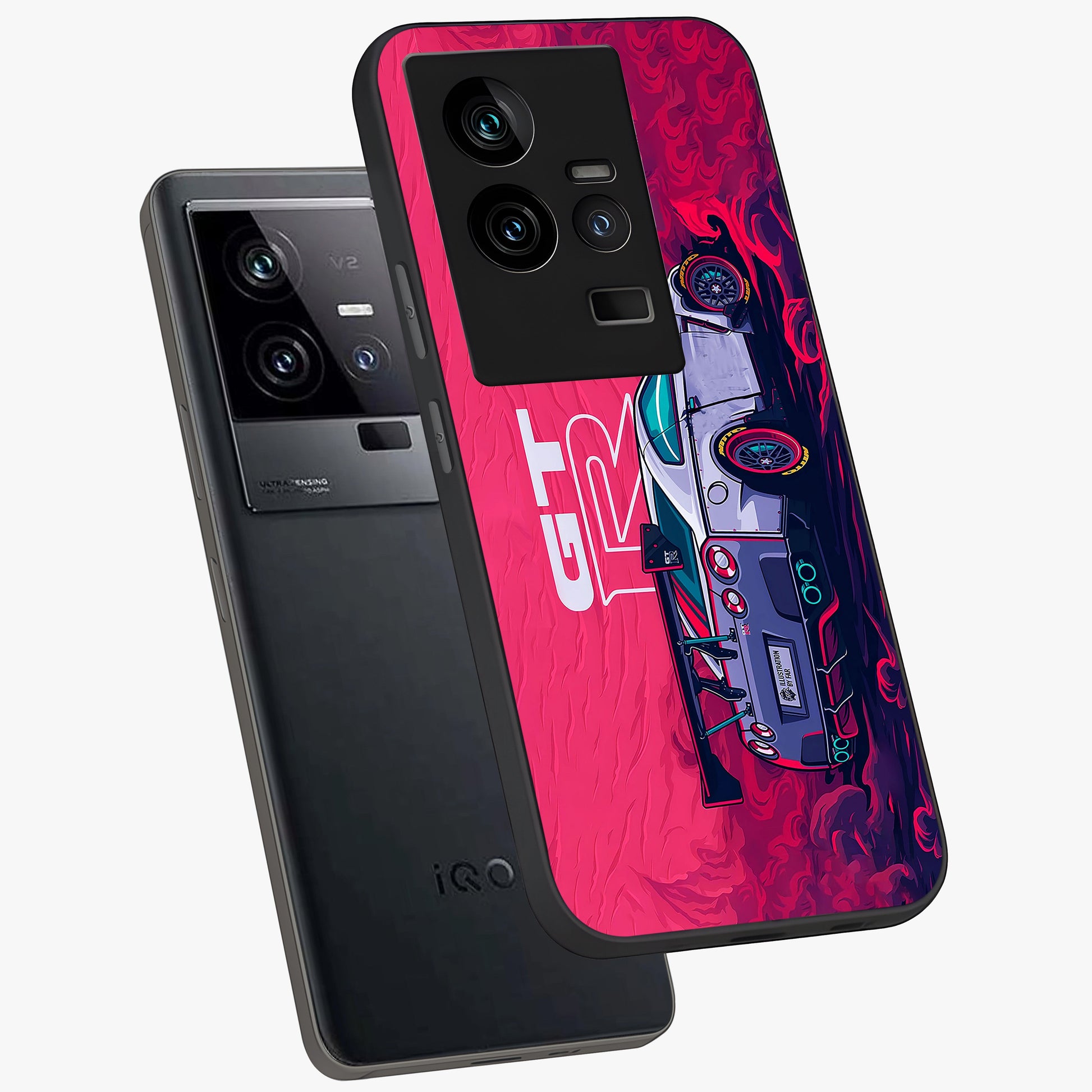 GT-R Car Pattern Glass Case displayed in angled mockup highlighting racing car graphic design with bold automotive aesthetic.