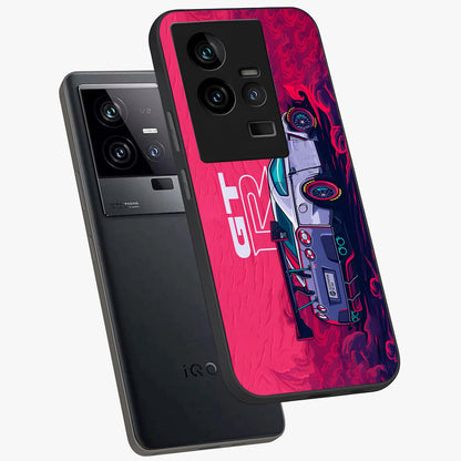 GT-R Car Pattern Glass Case displayed in angled mockup highlighting racing car graphic design with bold automotive aesthetic.