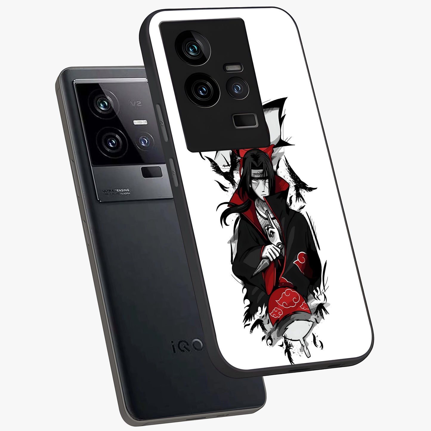 Itachi Limited Edition Naruto Anime Glass Case displayed in angled mockup highlighting dramatic anime illustration with bold action aesthetic.