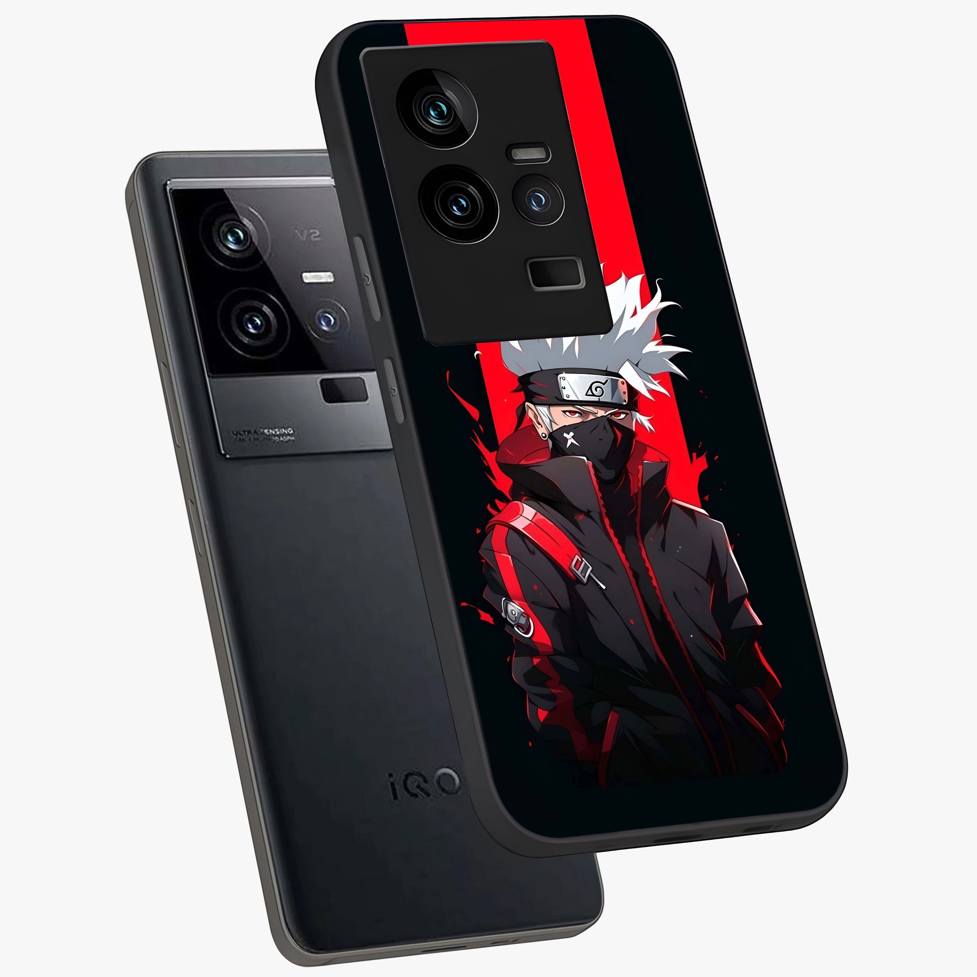 Kakashi Scarlet Shadow Glass Case displayed in angled mockup highlighting dramatic ninja illustration with scarlet themed aesthetic.