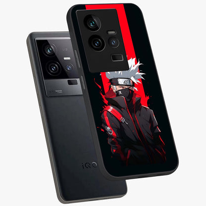 Kakashi Scarlet Shadow Glass Case displayed in angled mockup highlighting dramatic ninja illustration with scarlet themed aesthetic.
