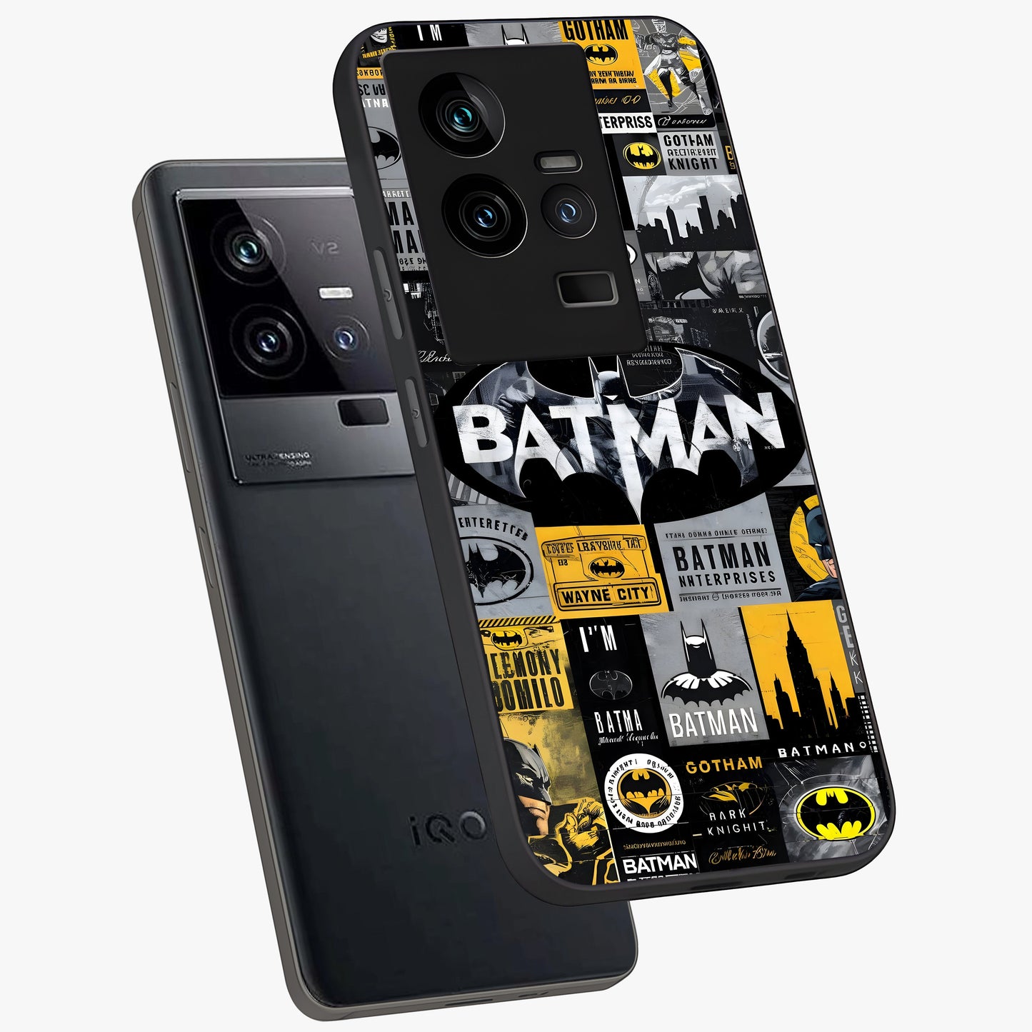Knight Gotham Rise Glass Case displayed in angled mockup highlighting powerful knight silhouette design with dramatic aesthetic.