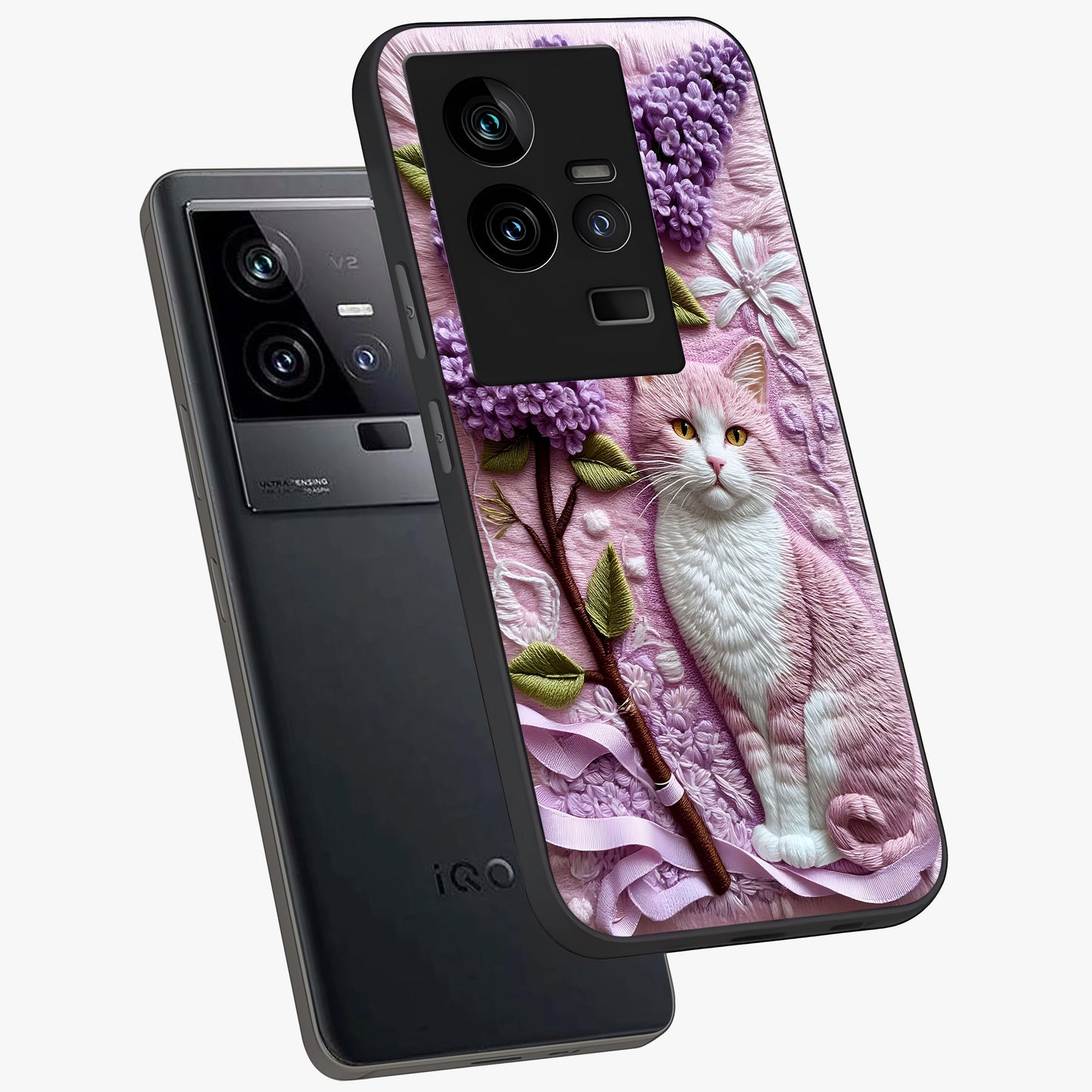 Lavender Cat Whimsy Glass Case displayed in angled mockup highlighting playful feline illustration with pastel lavender aesthetic.