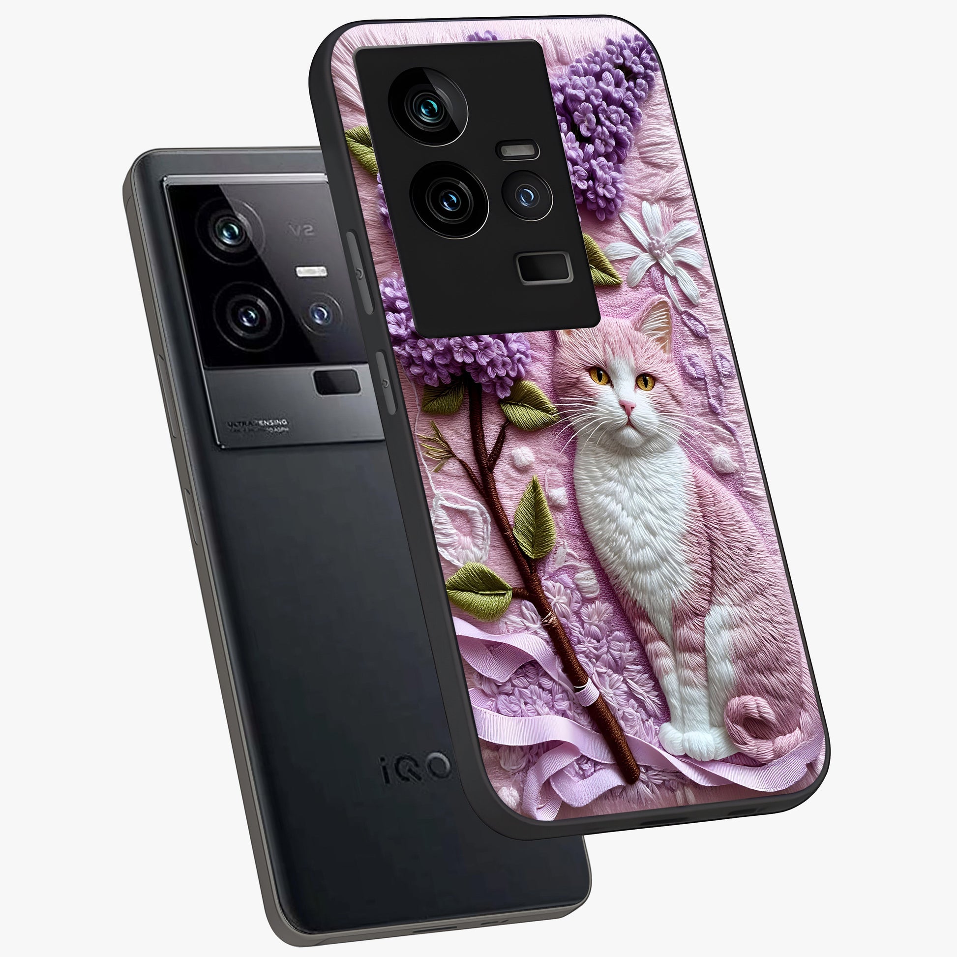 Lavender Cat Whimsy Glass Case displayed in angled mockup highlighting playful feline illustration with pastel lavender aesthetic.