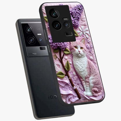 Lavender Cat Whimsy Glass Case displayed in angled mockup highlighting playful feline illustration with pastel lavender aesthetic.