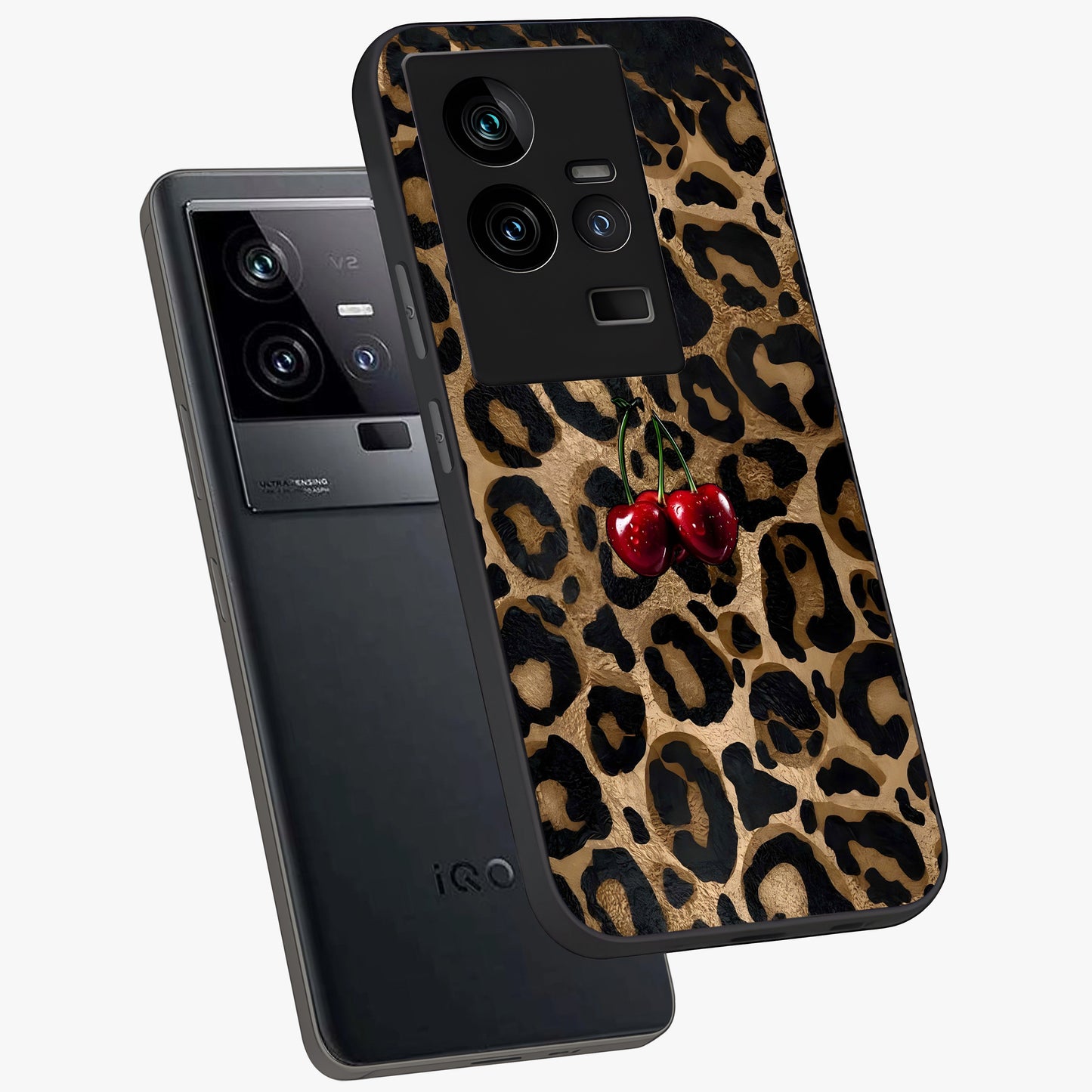 Leopard Wild Cherry Glass Case displayed in angled mockup highlighting bold animal print design with playful cherry aesthetic.