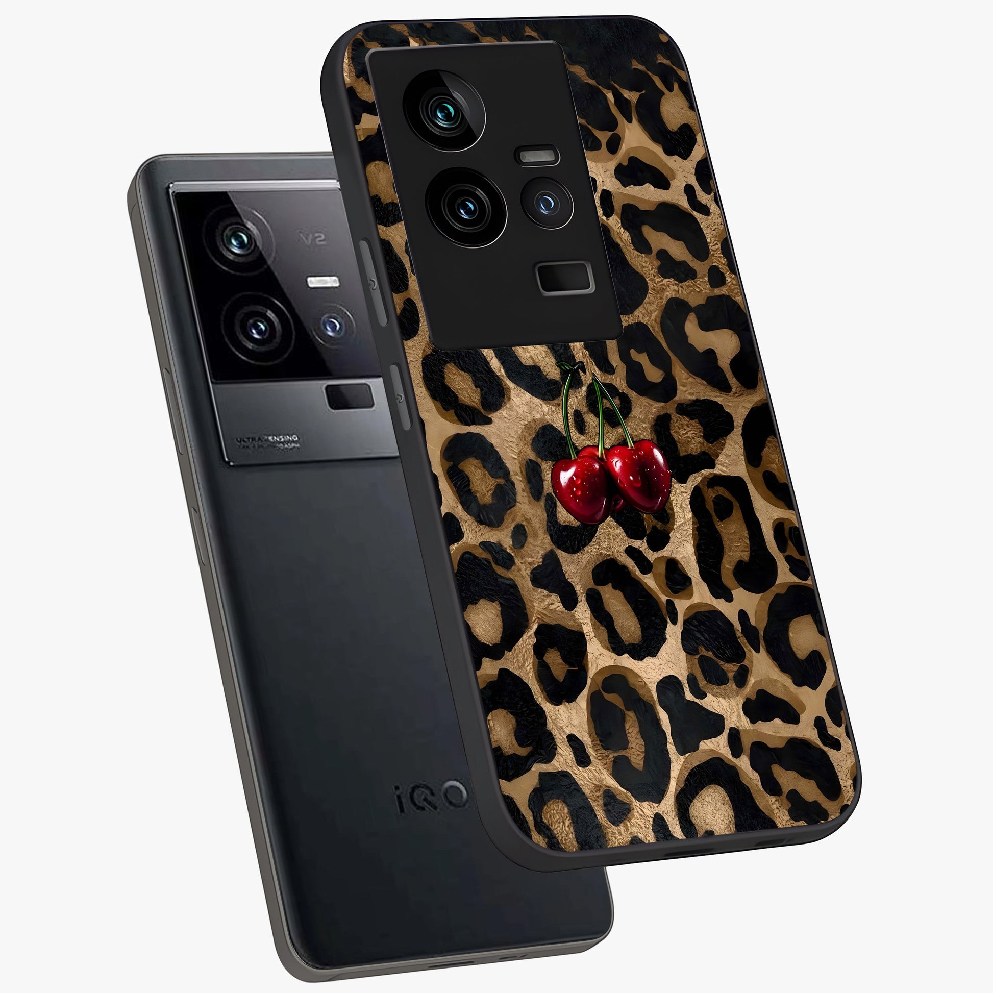 Leopard Wild Cherry Glass Case displayed in angled mockup highlighting bold animal print design with playful cherry aesthetic.