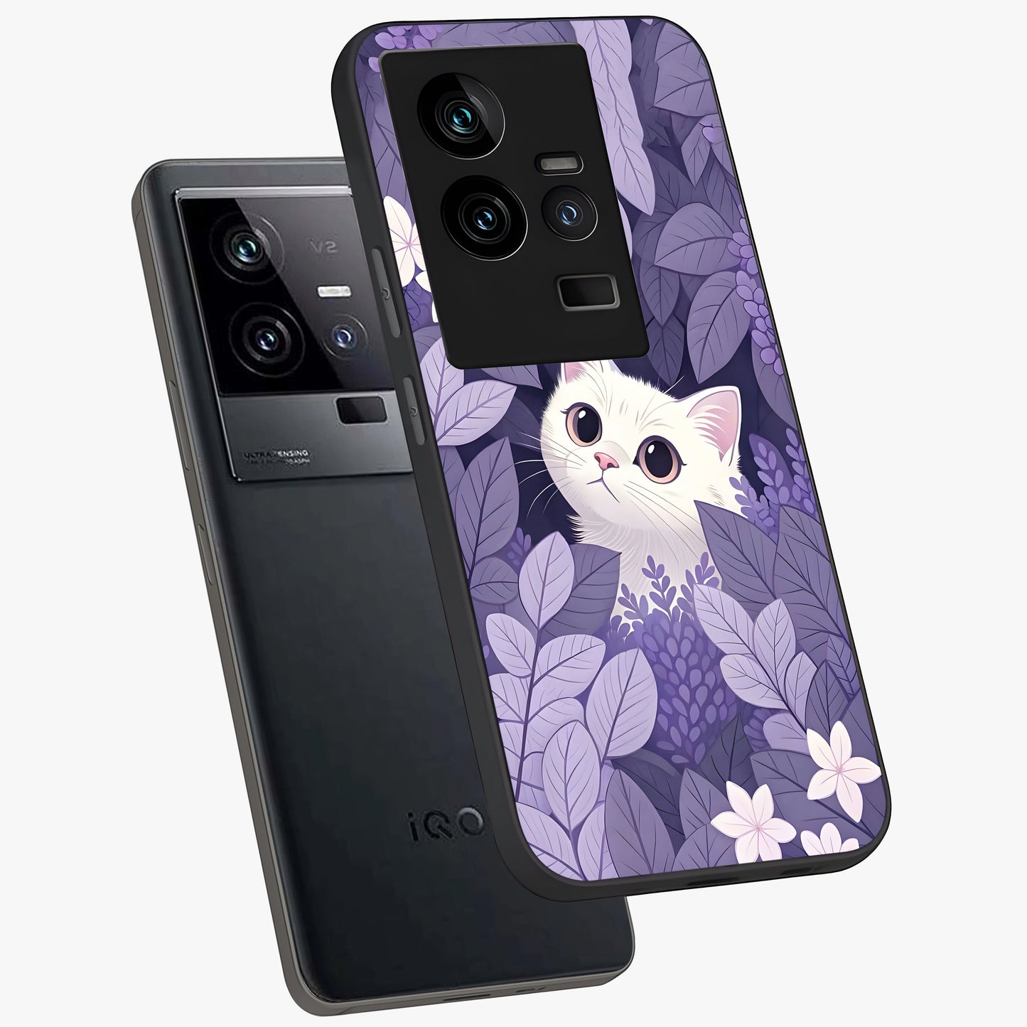Lilac Hide Peek Cat Glass Case displayed in angled mockup highlighting playful feline illustration with lilac aesthetic design.