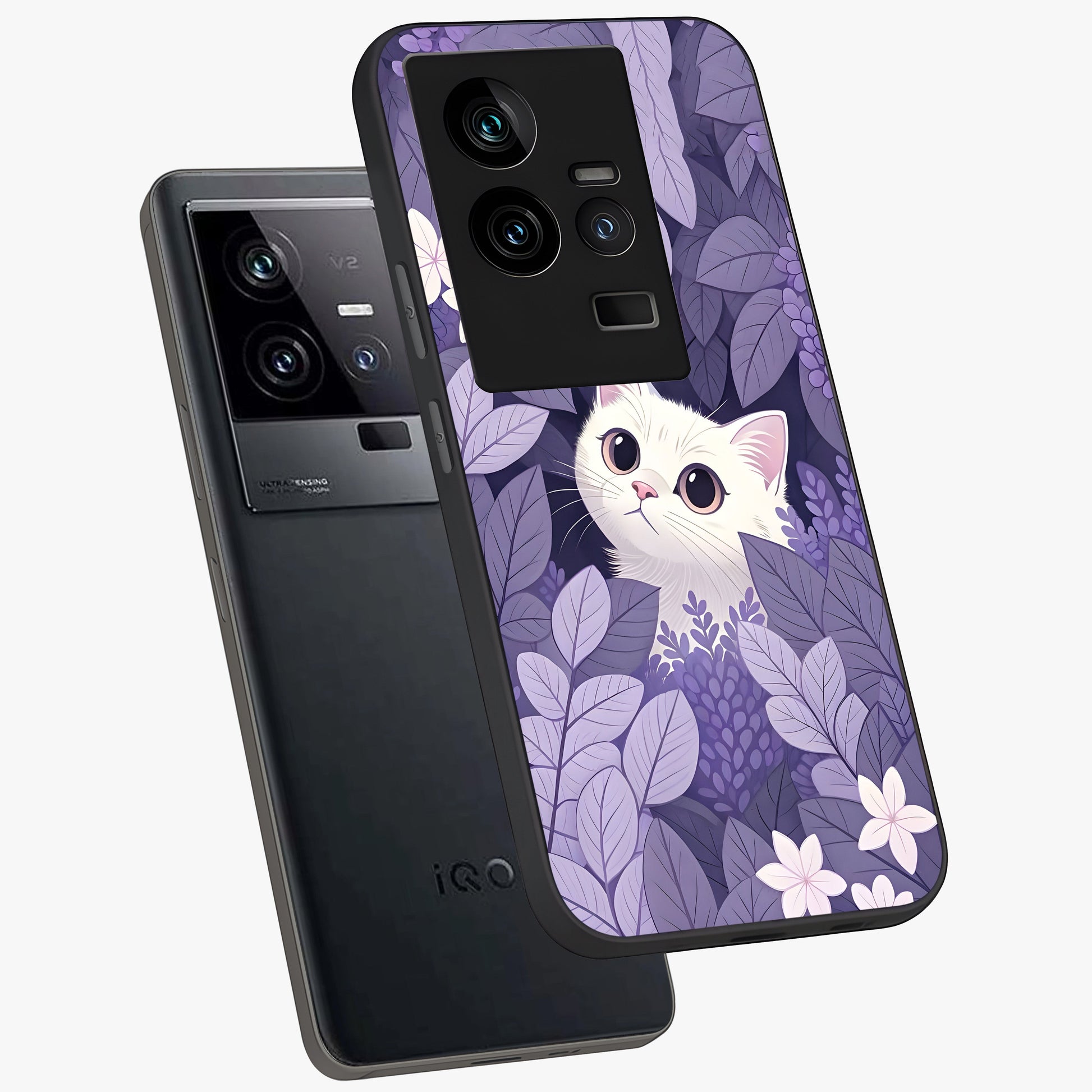Lilac Hide Peek Cat Glass Case displayed in angled mockup highlighting playful feline illustration with lilac aesthetic design.