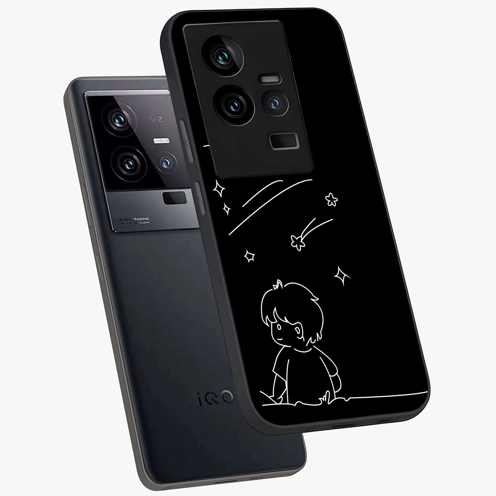 Line Art Boy With Shooting Stars Glass Case displayed in angled mockup highlighting elegant line art design with dreamy star aesthetic.