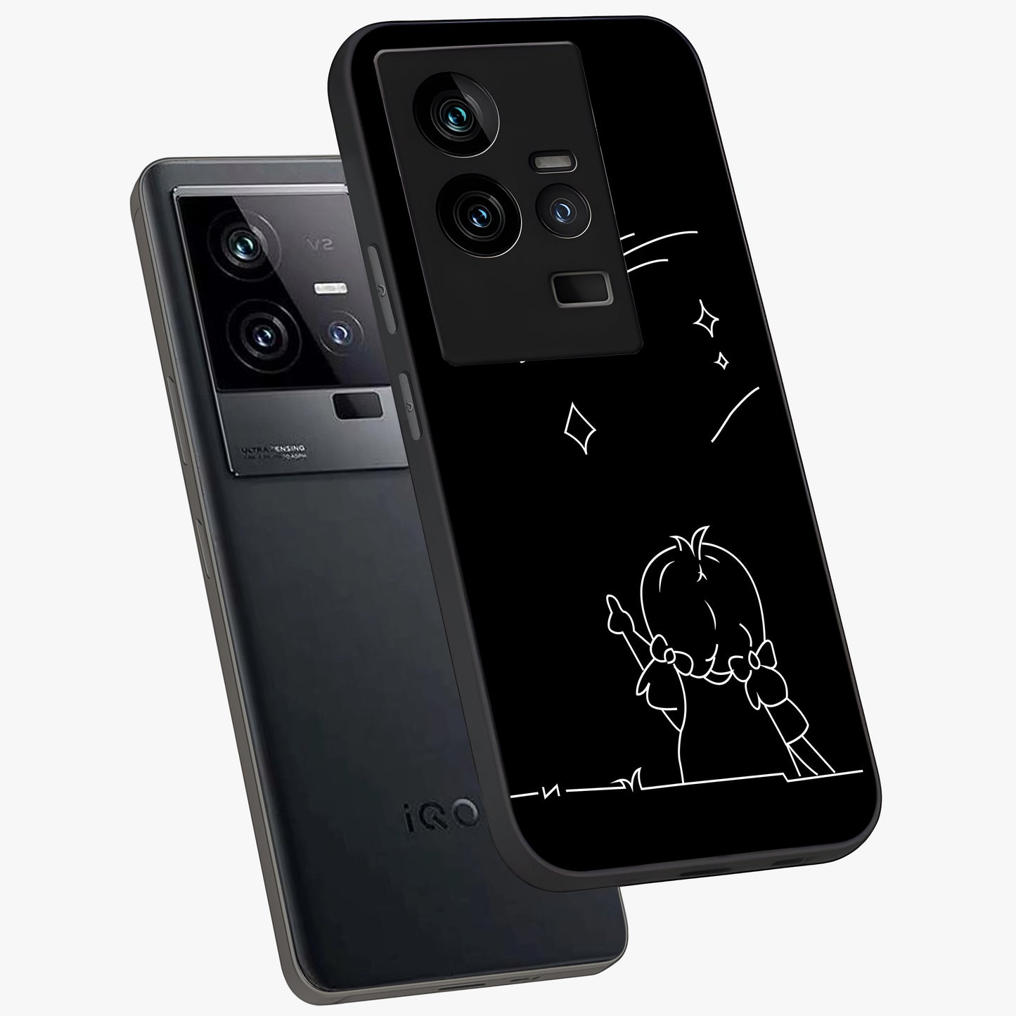 Line Art Girl With Shooting Stars Glass Case displayed in angled mockup highlighting elegant line art design with dreamy star aesthetic.