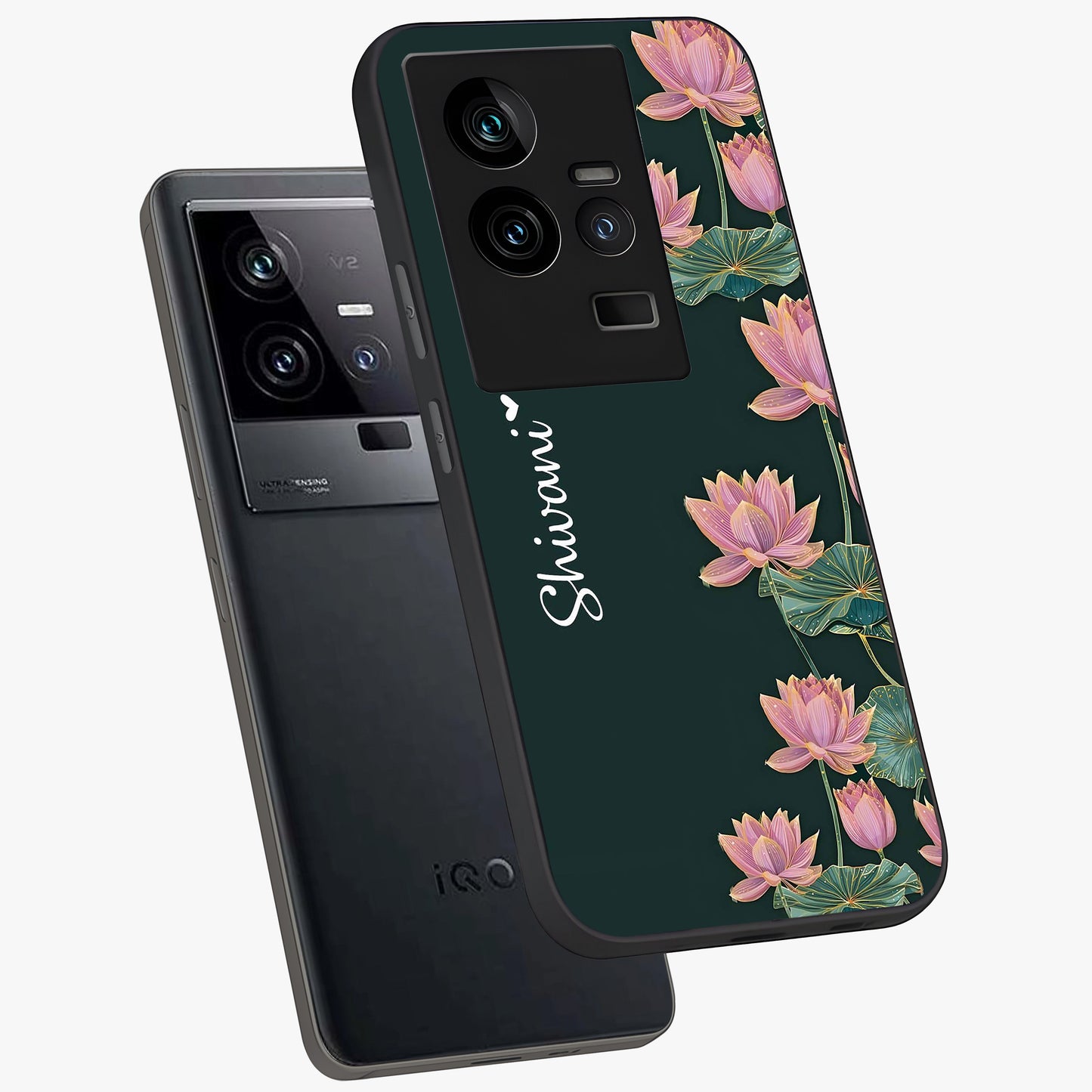 Lotus Bloom Serenity Custom Name Glass Case displayed in angled mockup highlighting graceful lotus illustration with custom name feature.