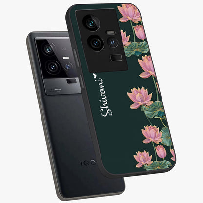Lotus Bloom Serenity Custom Name Glass Case displayed in angled mockup highlighting graceful lotus illustration with custom name feature.