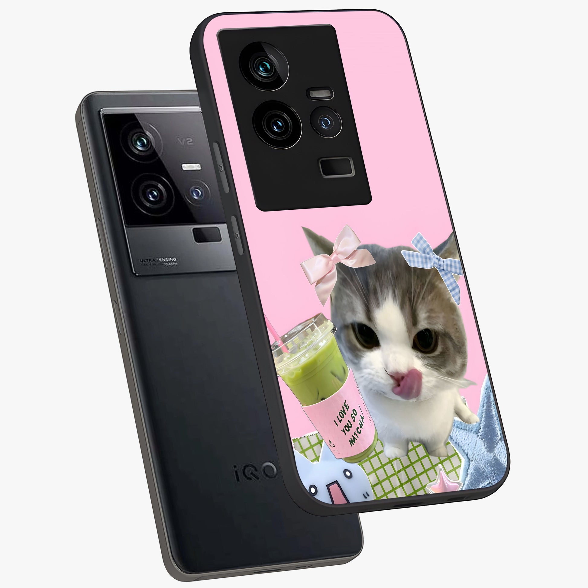 Love Matcha Cat Glass Case displayed in angled mockup highlighting playful feline illustration with cozy matcha aesthetic.